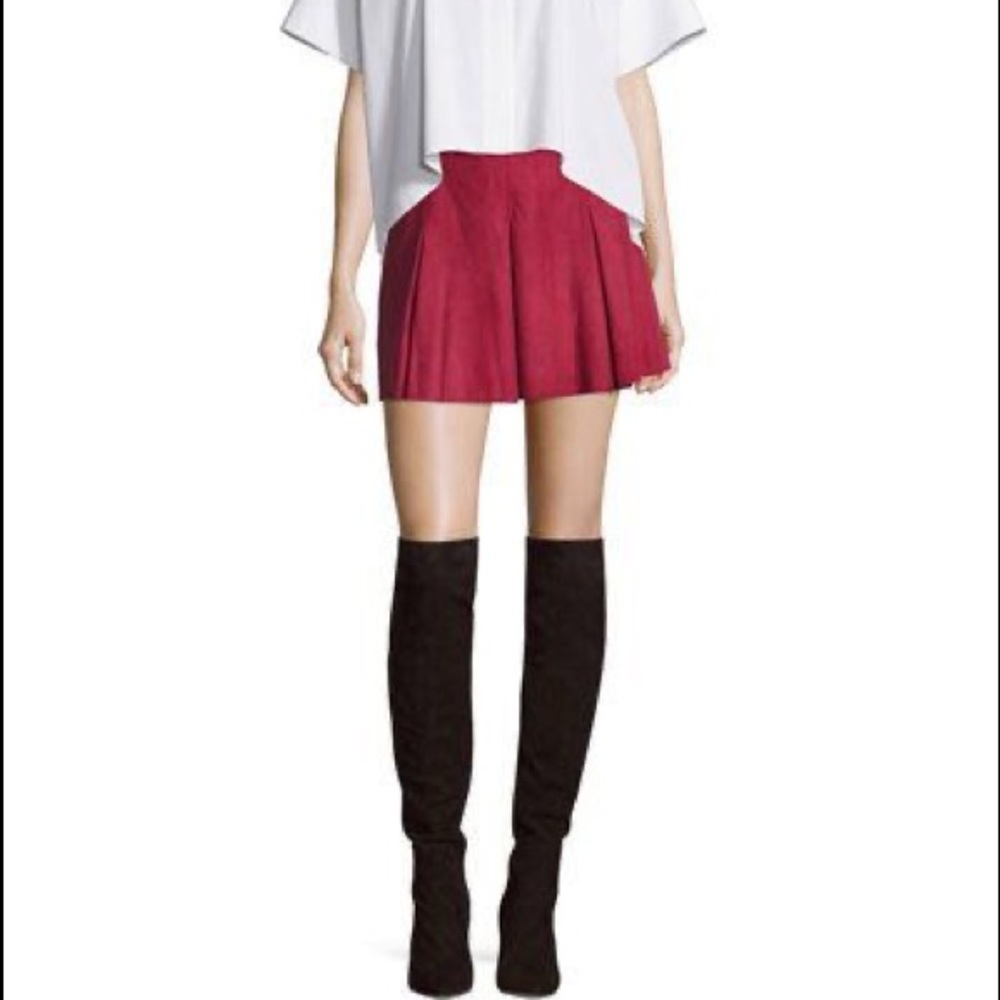 Alice & Olivia Lee Red Pleated Suede Mini Skirt